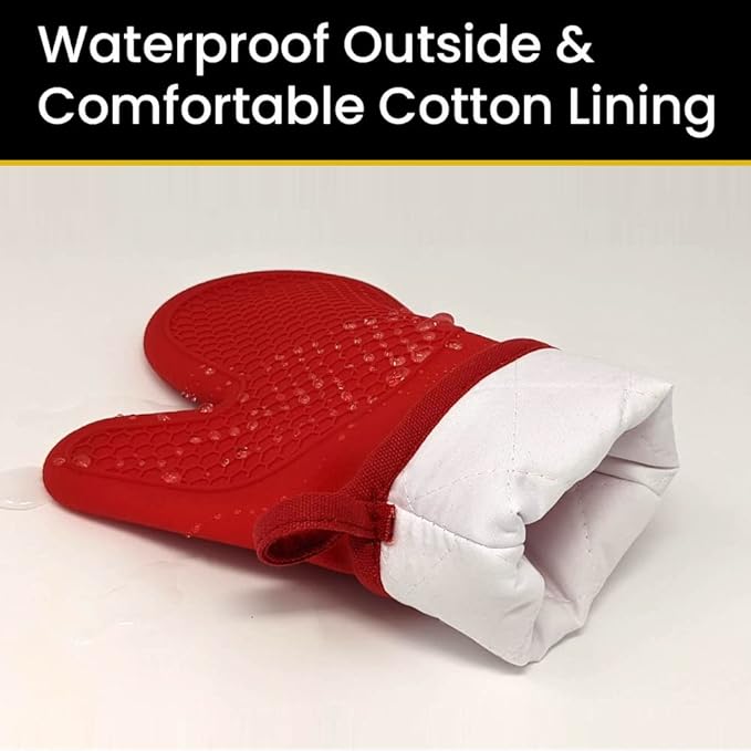 Oven Mitts Heat Resistant Silicone, Kitchen Gloves & Pot Holders, Cotton Lining, Non-Slip, Flexible, Durable, Easy Clean, Cooking, Baking, Grilling, Double Sided (Pair of 2 Oven Mitts) Red