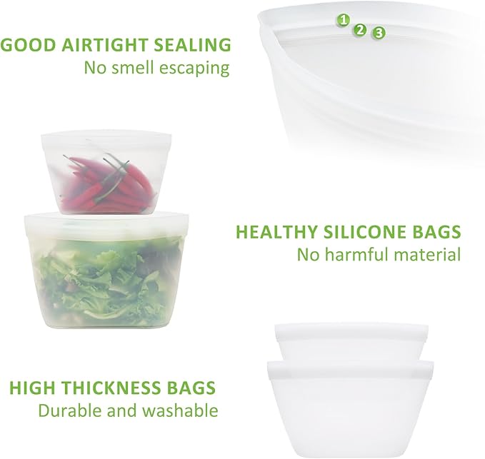 Silicone Bags for Food Storage, Reusable Food Storage Containers Zip Lock Silicone Bags Stand Up Snack Bags, Freezer Microwave Oven Dishwasher Safe, Plastice BPA-Free 4 Pack 2 Size(84oz & 40oz)