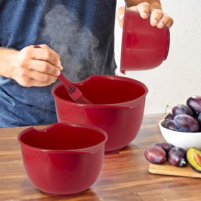 Glad Mixing Bowls with Pour Spout, Set of 3 | Nesting Design Saves Space | Non-Slip, BPA Free, Dishwasher Safe Plastic | Kitchen Cooking and Baking Supplies, Red