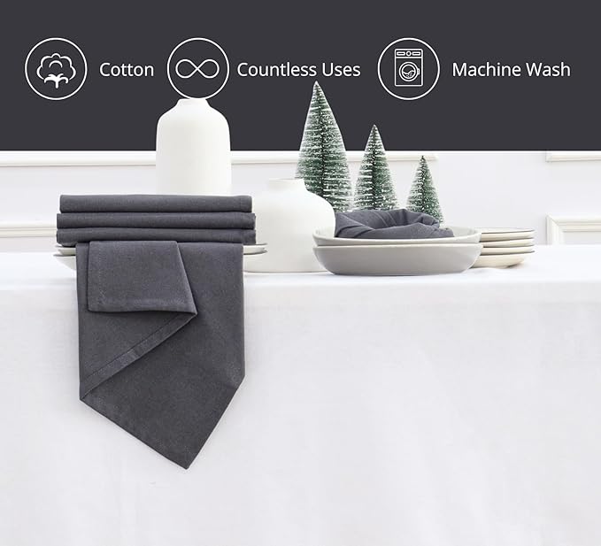 PurpleEssences Set of 12 Cloth Dinner Napkins 100% Cotton 18x18 Inch - Soft Durable Washable - Ideal for Farmhouse Party Spring Easter Summer - Perfect Everyday Use Table Linen - Dark Gray