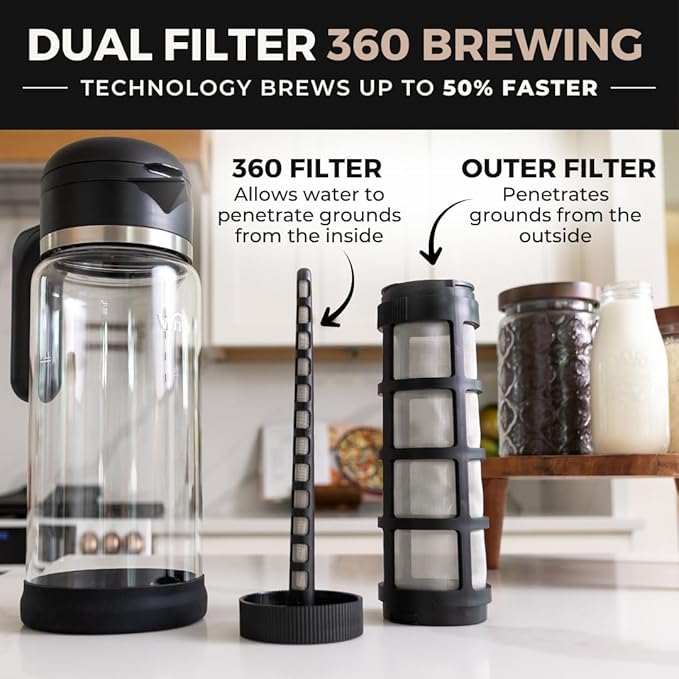 VINCI Cold Brew 360, Glass Cold Brew Coffee Maker Featuring Patented Dual Filter 360 Brewing Technology, Cold Brew for Iced Coffee (2.0 Liter / 68 FL.OZ)