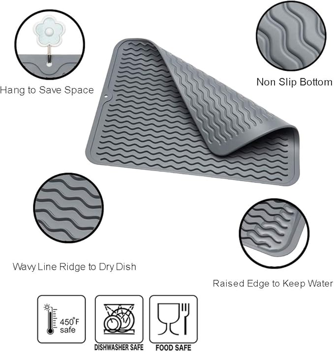 ZLR 2 Pcs Silicone Dish Drying Mat & Heat Resistant Trivet (12" x 16") - Waterproof Counter Protector for Coffee Maker - Non-Slip, BPA Free Kitchen Pad, Easy Clean Dishwasher Safe (Dark Gray)