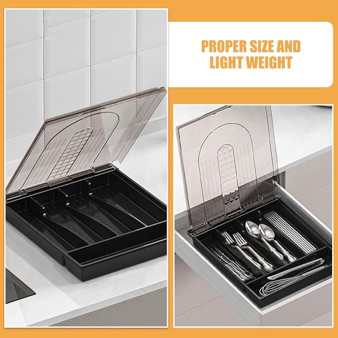 SHOWERORO Large Flip-top Kitchen Silverware Box with Dividers, Black Cutlery Organizer Drawer Storage Tray for Forks, Spoons, and Knives, Convenient Utensil Storage Solution for Kitchen