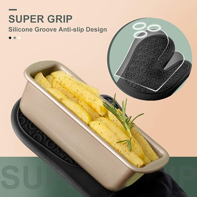 sungwoo 6pcs Silicone Oven Mitts and Pot Holders Sets, 14.6 Inch Heat Resistant Oven Gloves with Quilted Liner Non-Slip Textured Grip Perfect for BBQ, Baking, Cooking and Grilling Black
