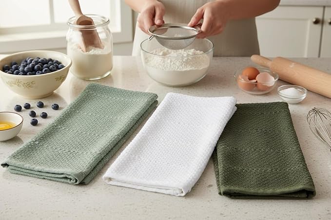 Sage White Dark Green Kitchen Hand Dish Towels: Oversized 28" x 18",100% Cotton Cloth Soft Cleaning Drying Absorbent Textured Design, Set of 3 Multipurpose for Everyday Use (Natural Collection)