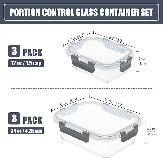 6 Pack Glass Food Storage Containers with Airtight Lids, Meal Prep Containers for Lunch, Leftovers, BPA Free (Grey)