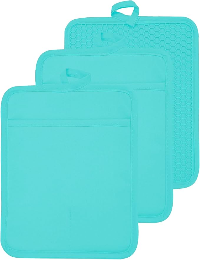 Oven Pot Holder with Pocket Cotton Heat Resistant Coaster Potholder Kitchen Hot Pad Oven Mitts for Cooking and Baking Square 7"x9" (Aqua, Silicone)