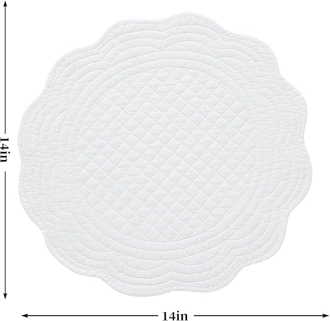 HOMBYS Quilted Placemats Set of 6 Washable Round Placemats for Kitchen Table-100% Cotton Fabric 14 Inch Round Table Mats, Cotton Fabric with Microfiber Filling, (14"x14", Pure White)
