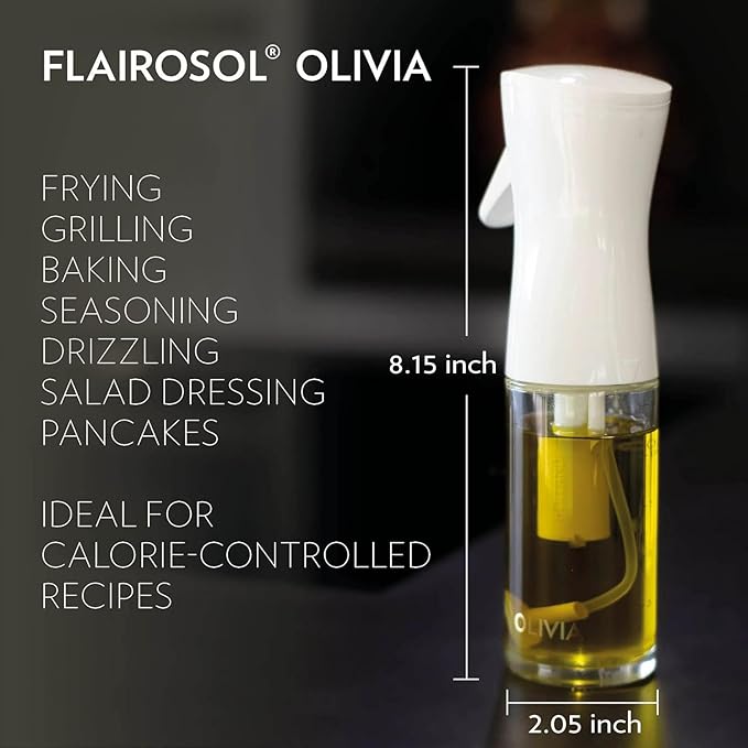 FLAIROSOL OLIVIA Signature The Original Advanced Oil Sprayer for Cooking, Kitchen, Salads, BBQs, Continuous Spray with Portion Control, 130ml Glass Olive Oil Sprayer(White Print)