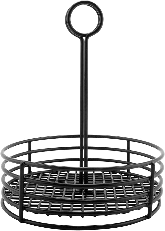G.E.T. 4-31855 Black Round Stainless Steel Condiment Caddy Iron Polyethylene Coated Table Caddies Collection, 7.5"