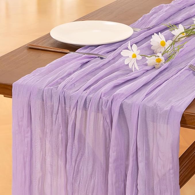 Socomi 3pcs Lilac Purple Lavender Cheesecloth Table Runner Easter Spring Boho Rustic Gauze 120 inch 10FT Cheese Cloth Runner for Wedding Party Baby Shower Birthday Home Decor Holiday Decorations
