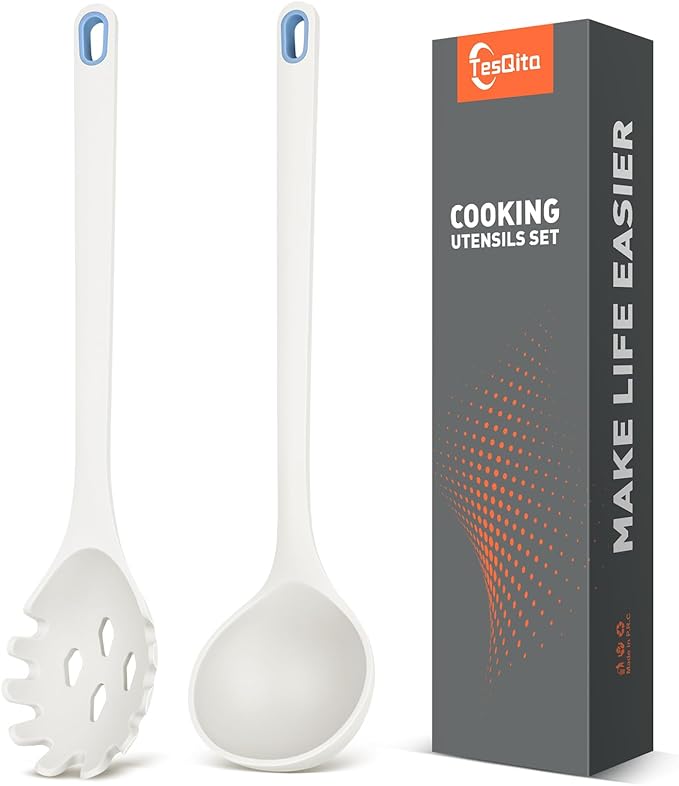 Silicone Spaghetti Spoon&Soup Ladle Cooking Utensils Set of 2,No Scratch for Nonstick Cookware,BPA Free, 450℉ Heat Resistant (White)
