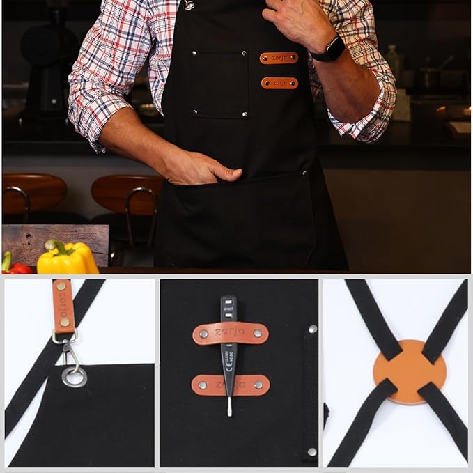 Chef Apron-Cross Back Apron for Men Women with Adjustable Straps and Large Pockets,Canvas