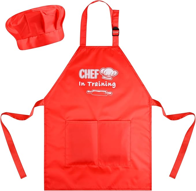 Kids Apron and Chef Hat Set Adjustable Child Aprons with 2 Large Pockets for Girls Boys Cooking Baking Painting Gift