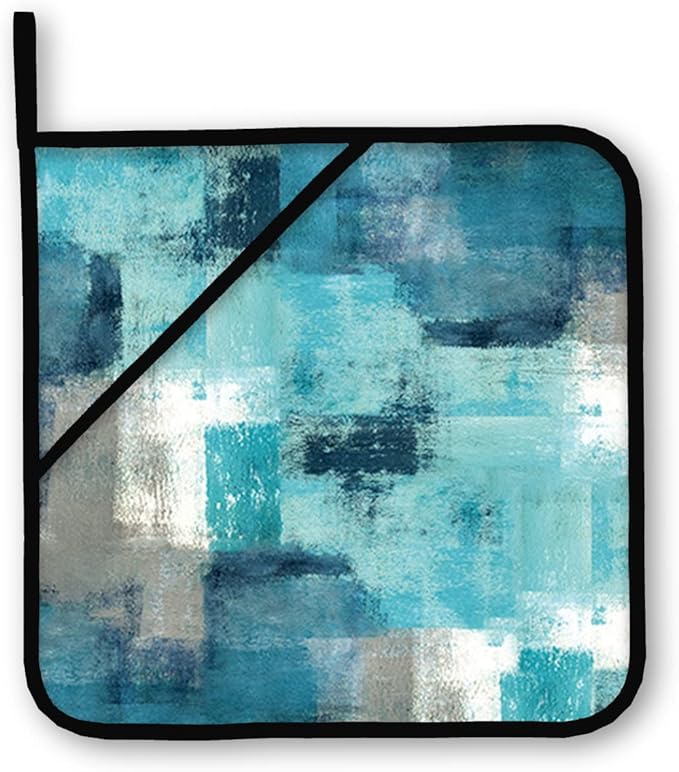 Turquoise Grey Oven Mitts and Pot Holders Sets of 4 Modern Teal Abstract Art Oven Gloves for Kitchen Baking Cooking Grilling (Turquoise)