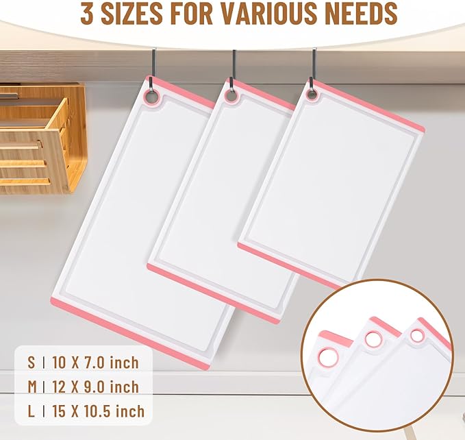 Kikcoin Plastic Cutting Boards for Kitchen, 3-Piece Large Cutting Board Set Dishwasher Safe Chopping Boards with Non-slip Feet and Juice Grooves, Pink