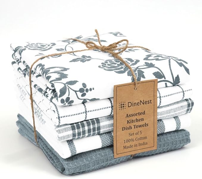 Assorted Kitchen Towels 100% Cotton 16x26 Inch - Super Absorbent, Soft & Quick Drying, Multi-Purpose for Drying & Cleaning, Ideal for Kitchen & Home Use, Set of 5 Low-Lint Dish Towels Grey