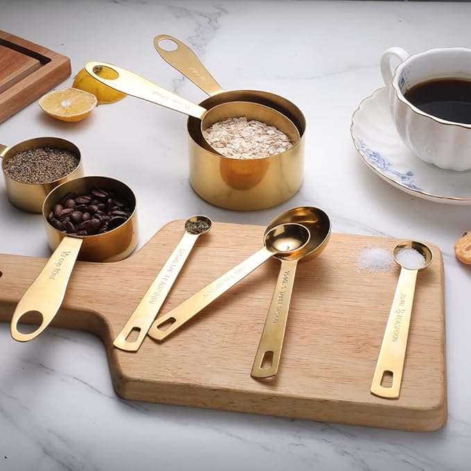 GuDoQi 9pcs 304 Stainless Steel Measuring Cups & Spoons, Stackable Long Handle Fits Narrow Jars, Golden Finish, Metric & US Measures for Dry/Liquid Ingredients, Rust-Proof for Baking & Cooking