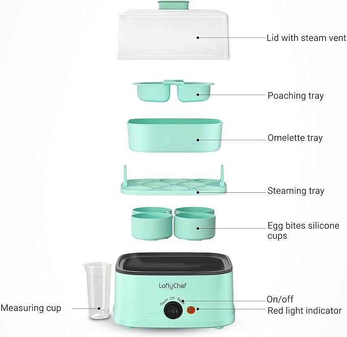 8-in-1 Electric Egg Cooker for Soft, Medium, Hard boiled eggs, Auto Shut-Off Compact Egg Bite Maker, Dishwasher Safe Rapid Egg Steamer for Poached & Scrambled Eggs, Omelets, Blue