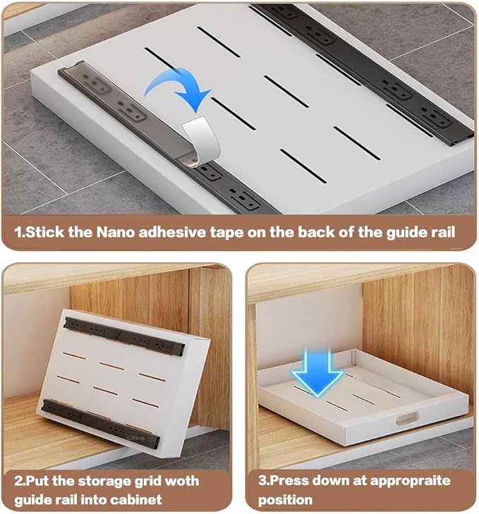 2 Pack Pull Out Cabinet Organizer Adhesive, 12" Wide,16.9" Deep Heavy Duty Slide Out Drawers for Face Frame or Frameless Cabinets, Roll Out Cabinet Organizer for Kitchen Organizer, Bathroom,Pantry