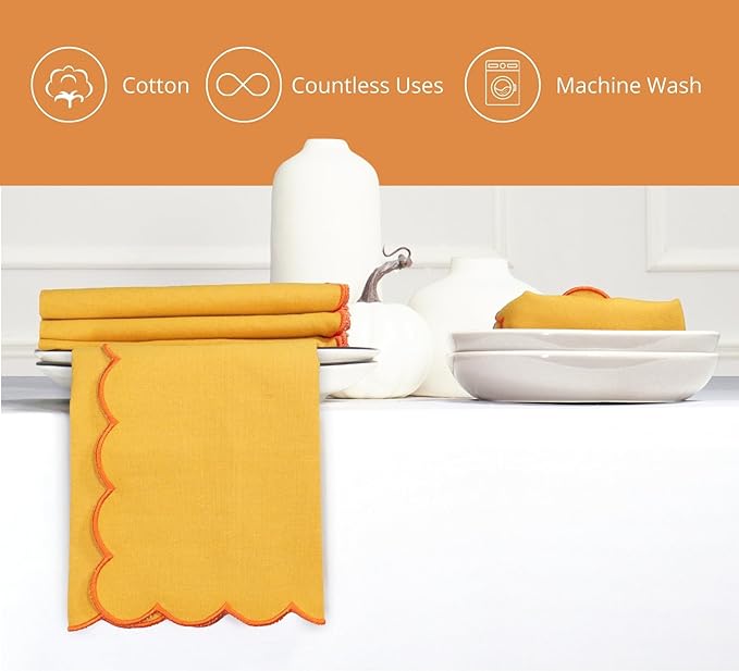 PurpleEssences Scalloped Embroidery Cloth Napkins - Spring Easter Summer - Table Decor - 100% Cotton - Set of 4-18x18 inch - Golden Yellow - Edges - Orange