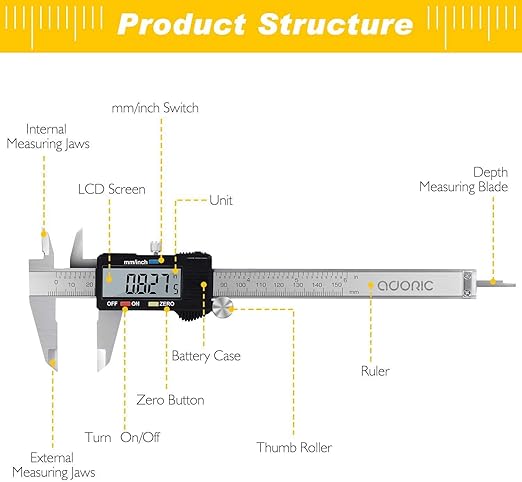 Adoric Digital Caliper, Electronic Digital Caliper Stainless Steel Body with Large LCD Screen | 0-6 Inches | Inch/Millimeter Conversion