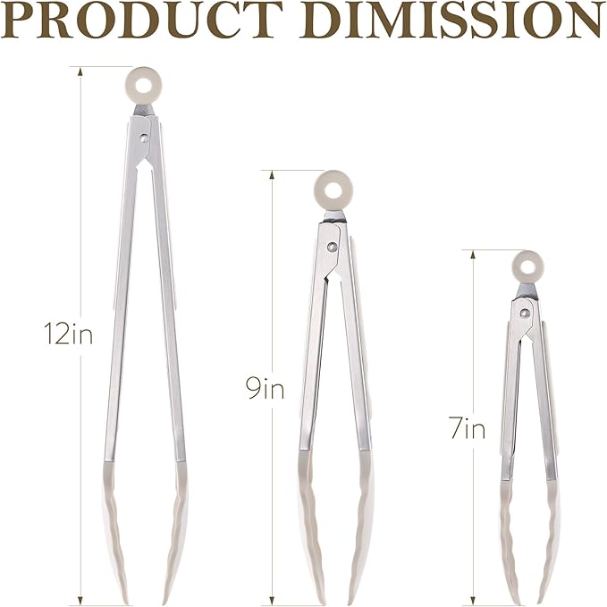 CAROTE Tongs for Cooking Heat Resistant Stainless Steel Kitchen Tongs with Non Scratch Silicone Tips, Perfect for Nonstick Cookware, BBQ Tongs Set of 3 (7"+9"+12")