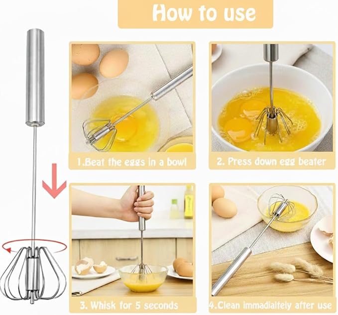 Semi Automatic Whisk Heavy Duty, 3PCS Manual Egg Beater Hand Held - 50% Heavier Stainless Steel Hand Whisk Set for Mixing Batter - 10/12/14 Inch Push Whisk Kitchen Gadgets (2026 Model)