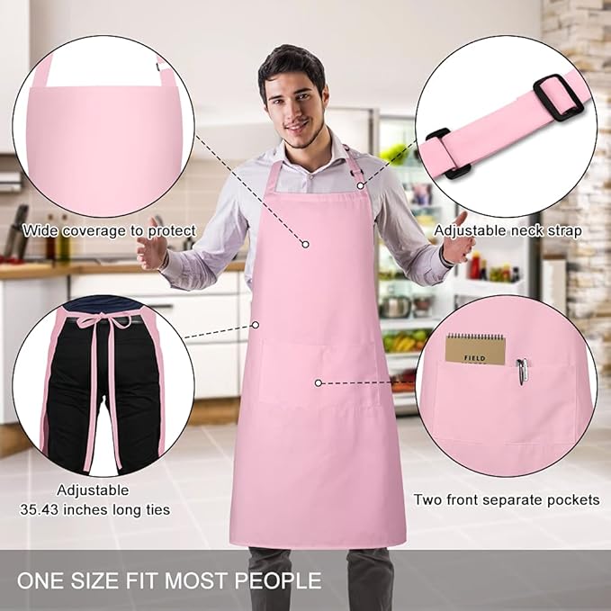 Jubatus 2 Pack 100% Cotton Aprons with 2 Pockets Cooking Chef Kitchen Adjustable Bib Apron for Women Men, Pink