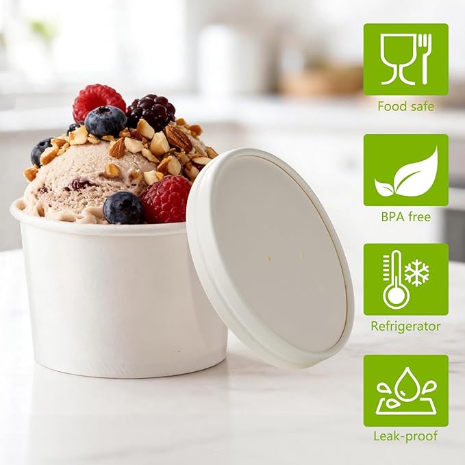 50 Pack 20oz White Paper Soup Containers with lids, Ice Cream Bowl with Lids, Disposable Ice Cream Cup Dessert Bowls for Party Supplies, Restaurants & Takeout