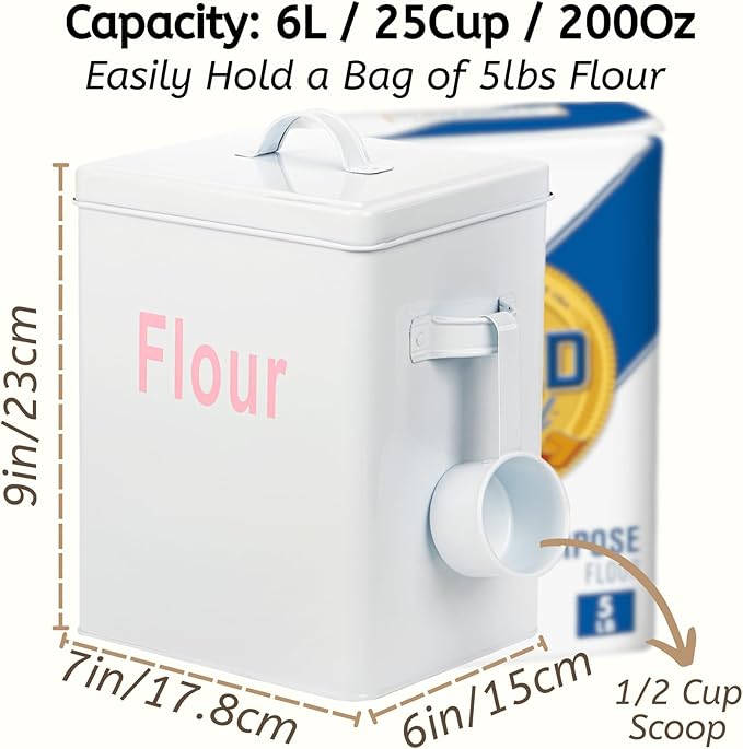 Youeon Metal Flour Container with Scoop and Lid, 6.3 Quart (Holds up to 7 lbs), Galvanized Steel Flour Canister with Handles, Farmhouse Square Storage Bin for Kitchen Counter, Pantry, White