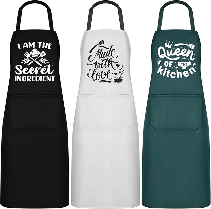 Jeyiour 3 Pack Funny Cooking Aprons Women Oil-proof Kitchen Aprons with Pockets for Home Chef BBQ Birthday Thanksgiving Gift(Black, Green, White)