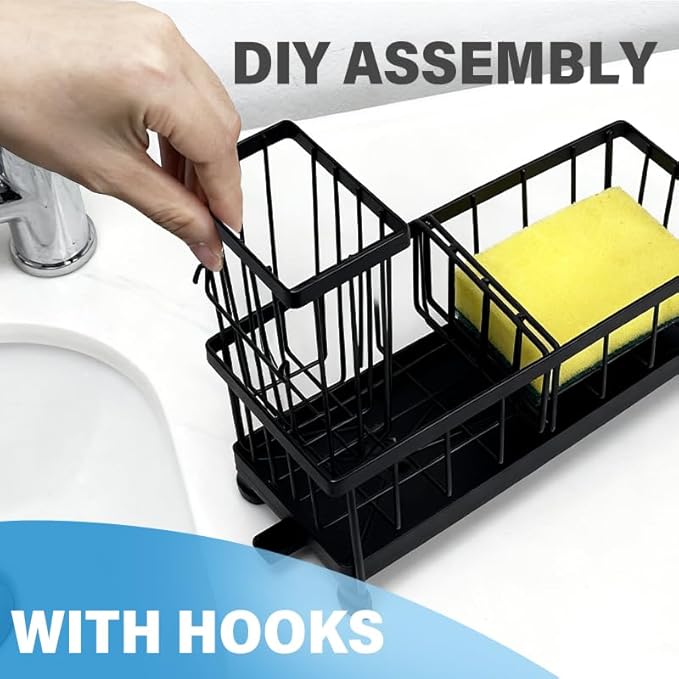 Kitchen Sponge Holder with Brush Holder Sink Caddy Organizer for Sink Kitchen Countertop Organizers and Storage Essentials Black