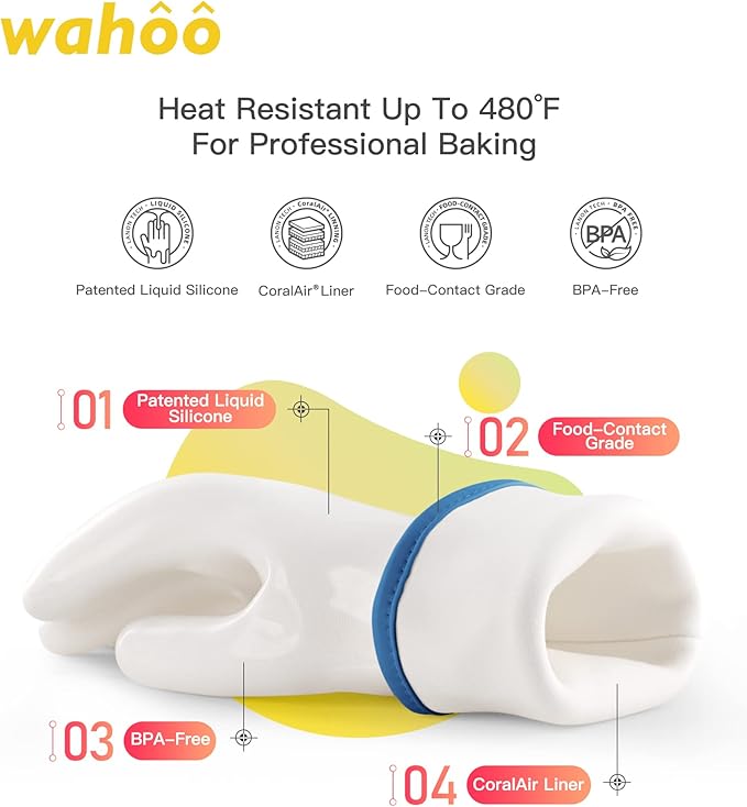 wahoo Professional Liquid Silicone Oven Mitts Gloves, Heat Resistant Gloves for Cooking, Baking, CoralAir Liner, 12 Inch, White, Large