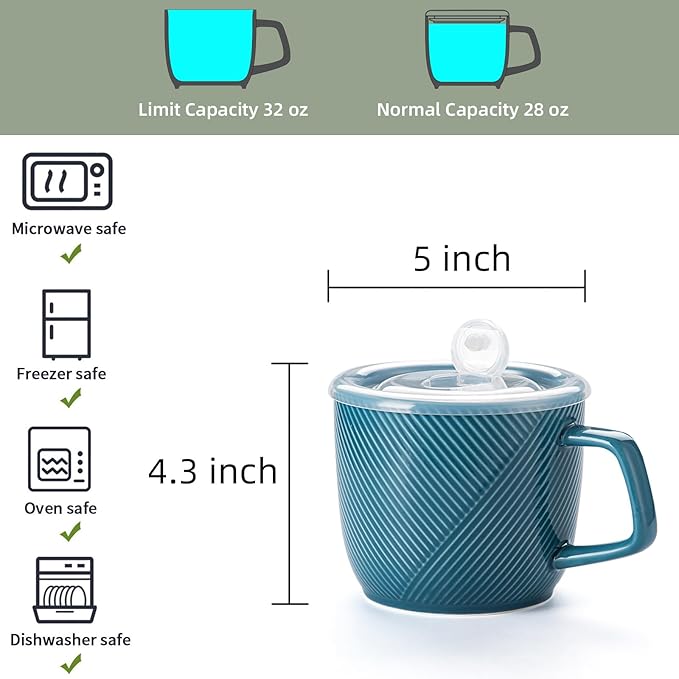 Ceramic Soup Bowl with Lid & Handle: 32 oz Microwave Safe Food Container for Ramen Noodles Cereal Leftovers - Extra Large Mugs for Breakfast Lunch Picnic Camping - Sky Blue, Set of 2