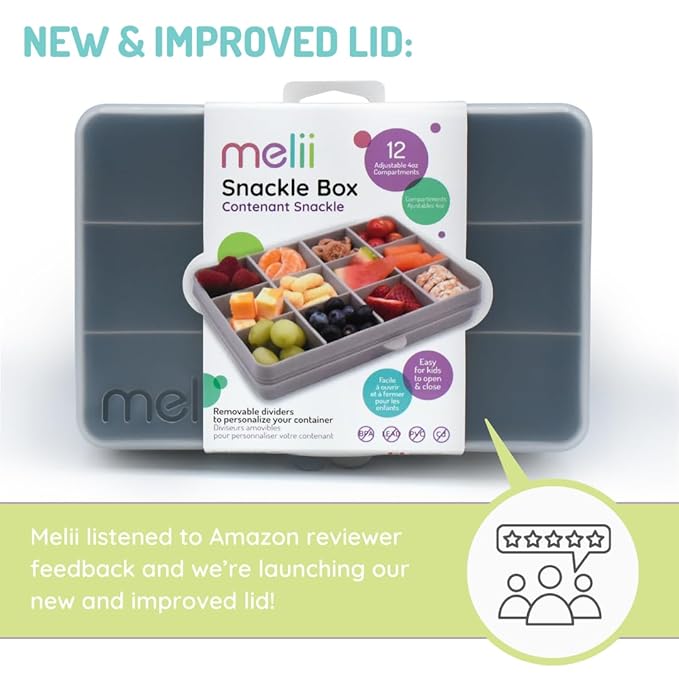 melii Snackle Box |12-Compartment Snack Container with Removable Dividers, BPA-Free Food Storage for Travel, School & On-the-Go Snacks, Kids & Family Organizer (Grey)