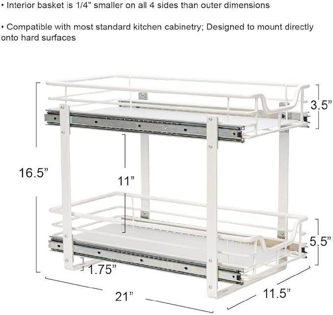 Household Essentials Glidez Multipurpose Powder-Coated Steel Pull-Out/Slide-Out Storage Organizer with Plastic Liners 2-Tier Dual-Slide Design, White