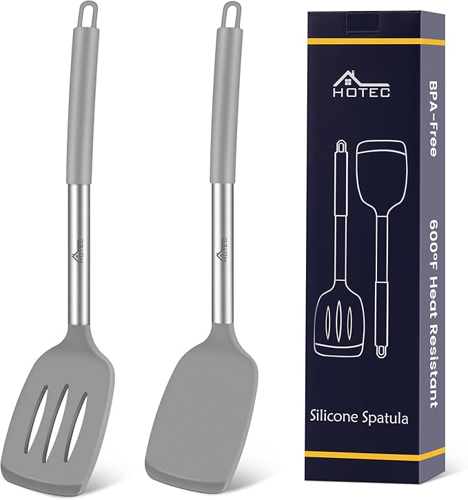 HOTEC Silicone Spatula Set of 2 Heat-Resistant 600°F & BPA-Free Kitchen SaptulaTurner with Stainless Steel Handles, Slotted & Solid Spatulas for Nonstick Cookware, 13.7 Inch, Grey
