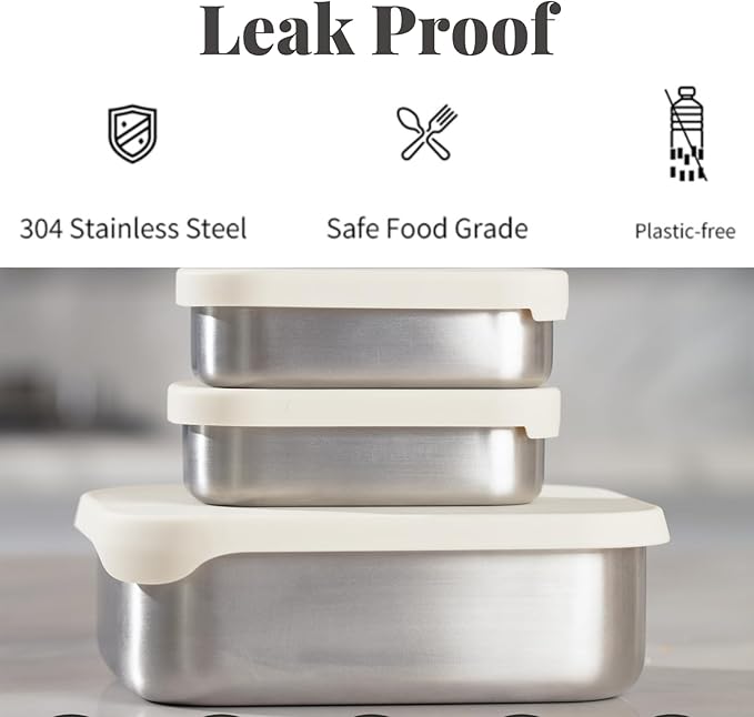 Modaniam Stainless Steel Lunch Box Containers, 27 OZ, Stainless Steel Bento Box, Metal Lunch Box, Sandwich & Snack Containers, Leak Proof SIlicone Lids, Korean Style,Small Vanilla