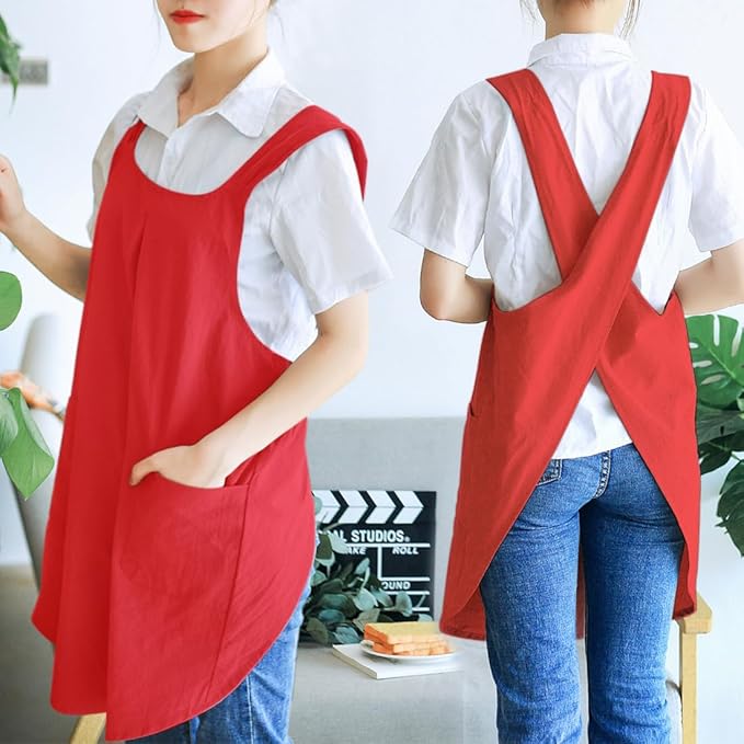 NEWGEM Japanese Cotton Linen Cross Back Cooking Apron for Women Men with Pockets Cute for Baking Kitchen