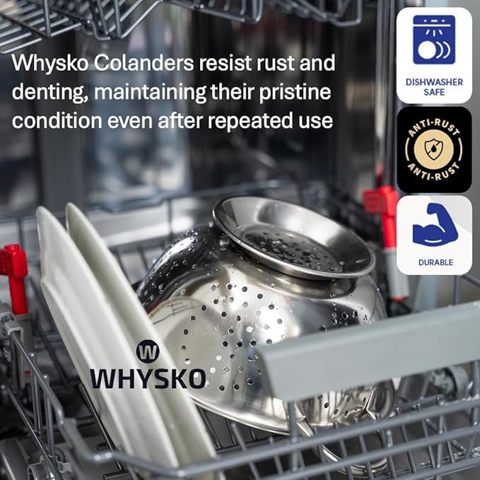 Whysko 3 Pack Stainless Steel Colanders with Handles - 5 Qt, 3 Qt, 1 Qt - Durable Colander for Kitchen Strainers and Colanders Set - Ideal Metal Colander for Pasta, Vegetables, Food Prep