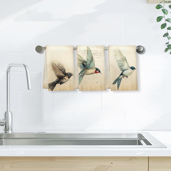 3 Pcs Vintage Bird Kitchen Towels, Artistic Decorative Absorbent Microfiber Dish Cloth Tea Towel, Watercolor Waffle Soft Hand Towels for Kitchen Home Bathroom, Housewarming Gifts