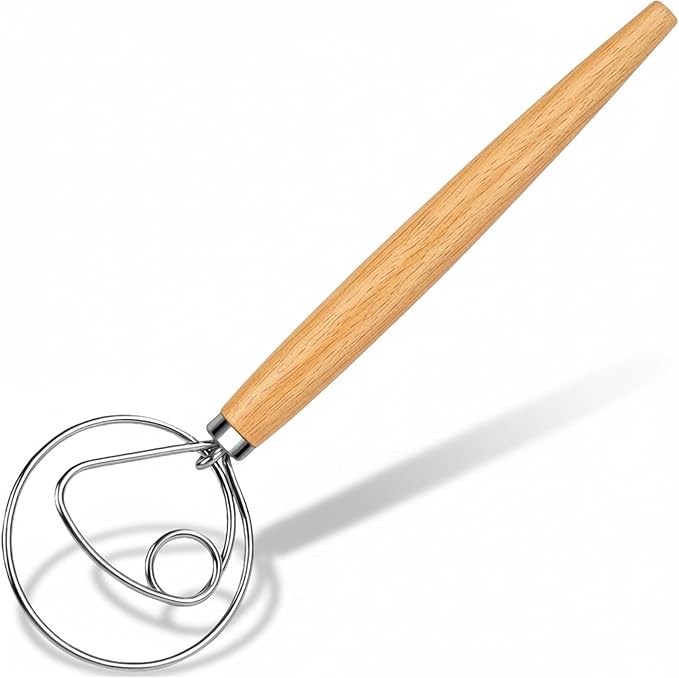 Maxjoy Danish Dough Whisk Wooden Dutch Bread Mixer with Stainless Steel Hook for Sourdough Baking Hand Tool