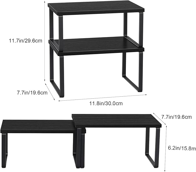 CADUKE Counter Shelf Organizer Set of 2 Kitchen Cabinet Shelves Expandable Countertop Shelves Organizer Wood Cabinet Shelf Black Stackable Storage Rack for Pantry
