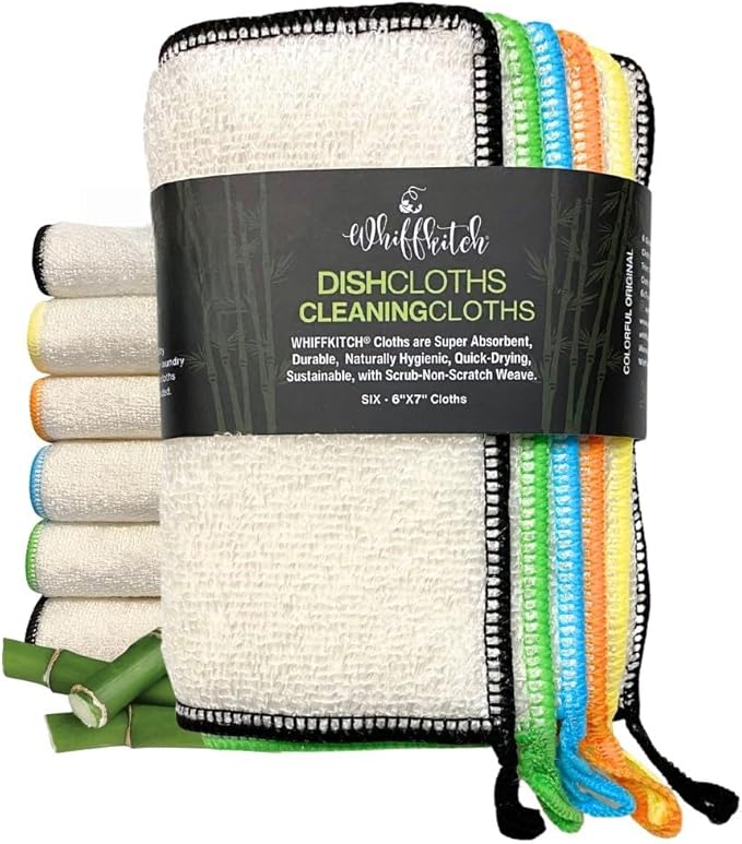 Whiffkitch Dishcloths Dishrags for Kitchen and Household Cleaning 6x7 6-Pack Non-Scratch 2-Ply Weave, Bamboo-Rayon Fabric, Absorbent, Washable, Long-Lasting