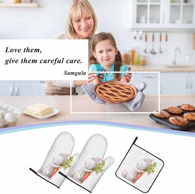 Cute Rabbit Oven Mitts and Pot Holders Sets Sleeping Hare with Carrot Heat Resistant 3pcs for Cooking Baking BBQ