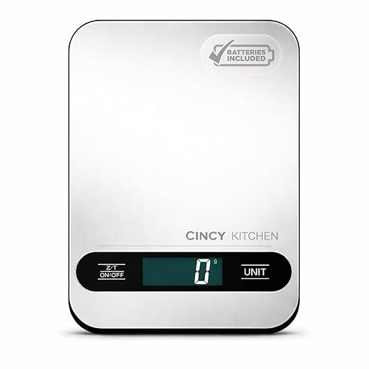 CINCY Digital Food Scale for Kitchen – 10kg/22lb Capacity, 1g Precision, Stainless Steel Kitchen Scale with Tare Function, 6 Units (g/oz/lb/ml/kg), Large LCD – Meal Prep, Baking & Cooking Scale