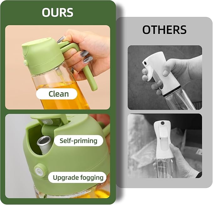 Aovdy Oil Sprayer for Cooking 16oz,2 in 1 Olive Oil Dispenser and Oil Sprayer - 470ml Olive Bottle Spray and Pour - Glass Oil Dispenser for Kitchen Cooking Salad BBQ (2PCS-Black & Green)