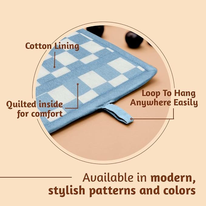 Folkulture Pot Holders for Kitchen | Pack of 2 (8x8) Ribbed Soft Silicone Hot Pads for Kitchen | 100% Cotton Cute Oven Pot Holders Set | Heat Resistant | Machine Washable | Non Slip | Checkmate