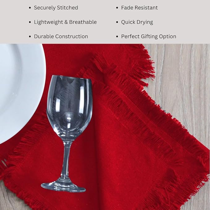 Cloth Dinner Napkins Fringes 20x20 Inch 100% Cotton Set of 6 - for Dining Special Occasions Weddings Restaurants Holidays Easter - Soft Durable Washable - Elegant Table Cloth Napkins Red